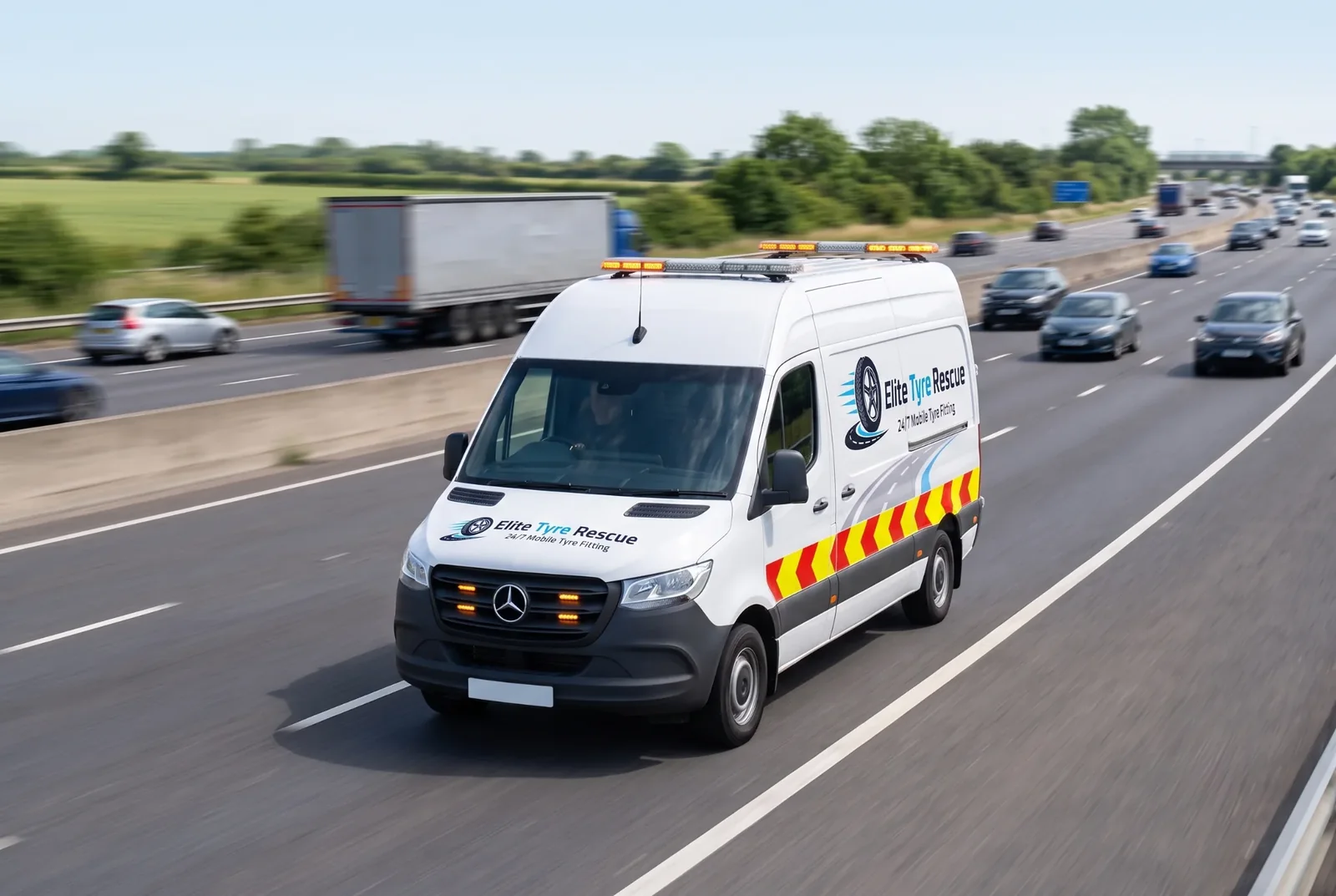 Elite Tyre Rescue mobile tyre fitting van travelling on a UK motorway for emergency roadside tyre assistance